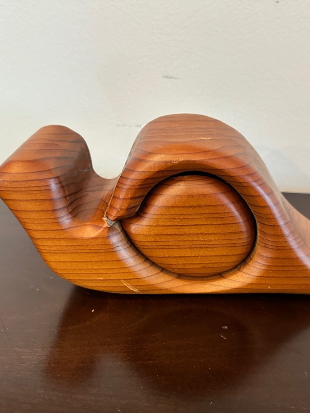 Vtg MCM Handcarved Folk Art Redwood Burl Snail Sliding Trinket Box Natural Wood